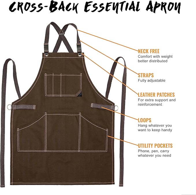 Under NY Sky Essential Chocolate Brown Apron – Cross-Back with Durable Twill and Leather Reinforcement, Adjustable for Men and Women – Pro Chef, Tattoo Artist, Baker, Barista, Bartender, Server Aprons