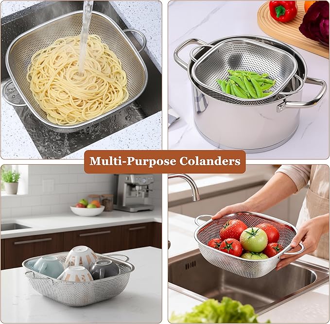 E-far 4QT Square Stainless Steel Colander - Metal Strainer with Handle for Draining Pasta & Vegetables, Micro-Perforated & Elevated Feet, Dishwasher Safe