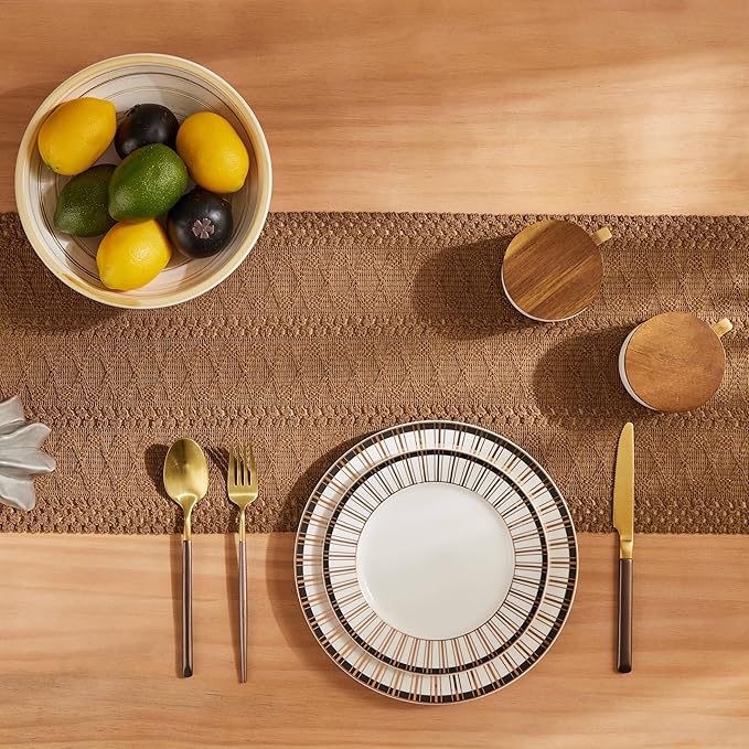 ZeeMart Macrame Style Boho Table Runner, Brown Table Runners 60 Inches Long, Farmhouse Woven Home Decor, 12x60 Inch, Caramel