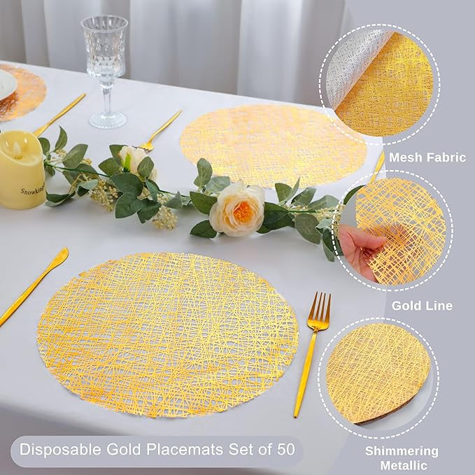 Snowkingdom Gold Placemats Set of 50, Gold Metallic Mesh Glitter Foil Place Mats 13 Inch Round Disposable Doilies for Dinning Table Fall Wedding Birthday Party Thanksgiving Christmas Decorations