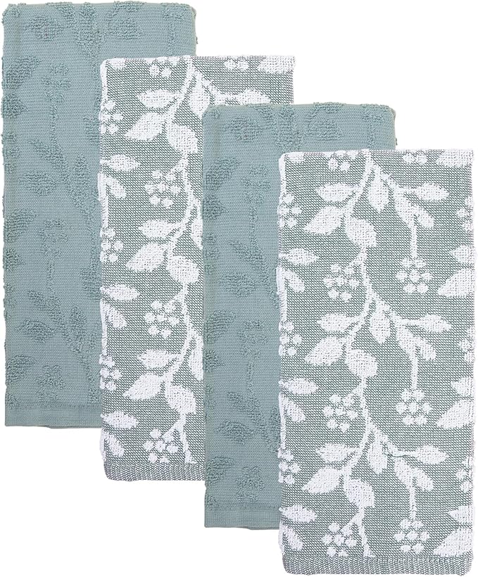 MosJos Kitchen Towels, Blue and White Floral Cotton Hand Towels 4 Pack Absorbent Hand Drying Cloths, 18 x 28 Kitchen Linens