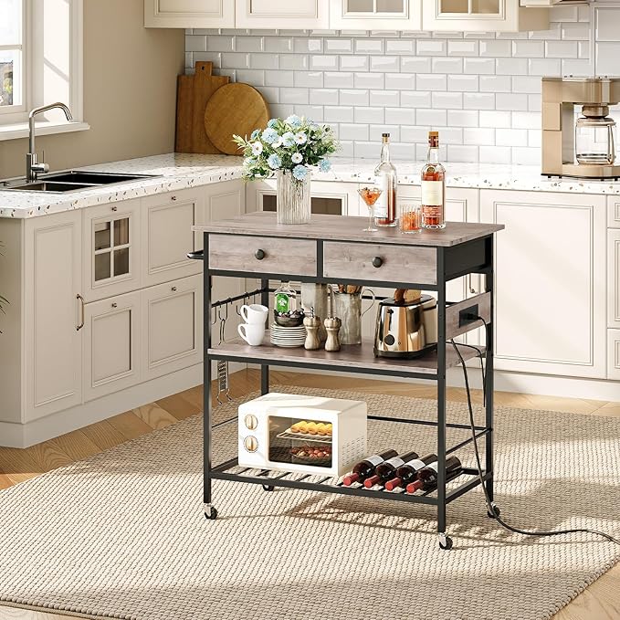 HOOBRO Kitchen Island with Storage, Rolling Island Cart for Kitchen with 2 Drawers & Outlet, 3 Tier Coffee Station and Microwave Stand, Kitchen Island Table for Home, Greige BG08UZD01