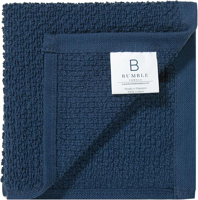 Bumble Premium Dish Cloths Towel 12"x12" | 100% Natural Ring Spun Cotton Tea Towel Set | 430 GSM | Highly Absorbent & Soft Dish Towels | 8 Pack - 4 Popcorn Wide Striped & 4 Solid Kitchen Towels - Blue