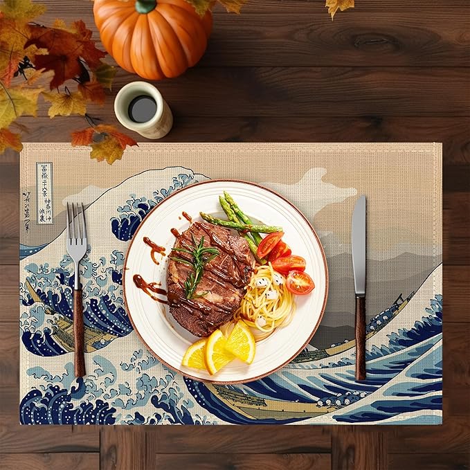 Japanese Style Waves Placemats Set of 6,Washable Heat Resistant 12×18 Inch Linen Table Mats,Place Mats for Party Outdoor Dining Décor