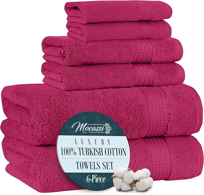 Mocassi Luxury 100% Turkish Cotton 6-Piece Towel Set - Ultra Soft, Quick Dry Highly Absorbent Premium Spa Hotel Quality Bath Towels, Includes 2 Bath Towels, 2 Hand Towels and 2 Washcloths, Hot Pink