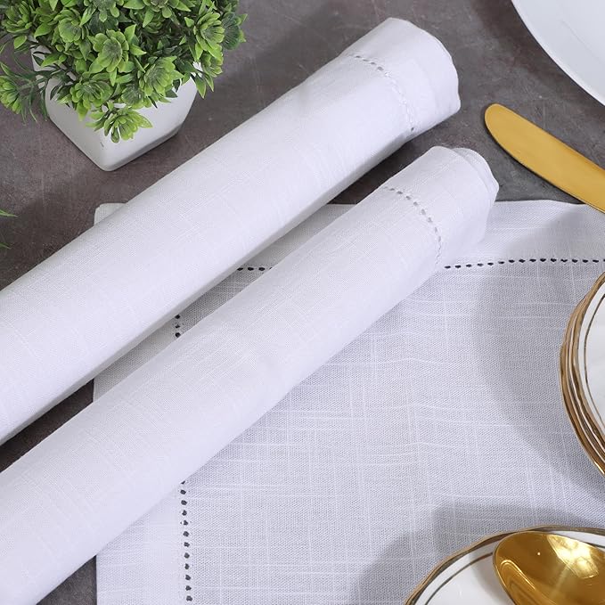 FINGERCRAFT Cloth Napkins, Hemstitch Napkins Cloth, Everyday Use, Premium Quality Natural Cotton Perfect for Parties Dinners Weddings Cocktail Christmas Easter Set of 12, 20 inch White