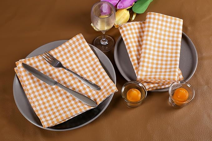 Native Fab Gingham Cloth Napkins, Set of 12, 16x16 Inches, 100% Cotton, Checkered Fabric, Soft, Washable Table Linen, Ideal for Weddings, Outdoor Picnic, Family Meals, Spring, Easter, Yellow & White