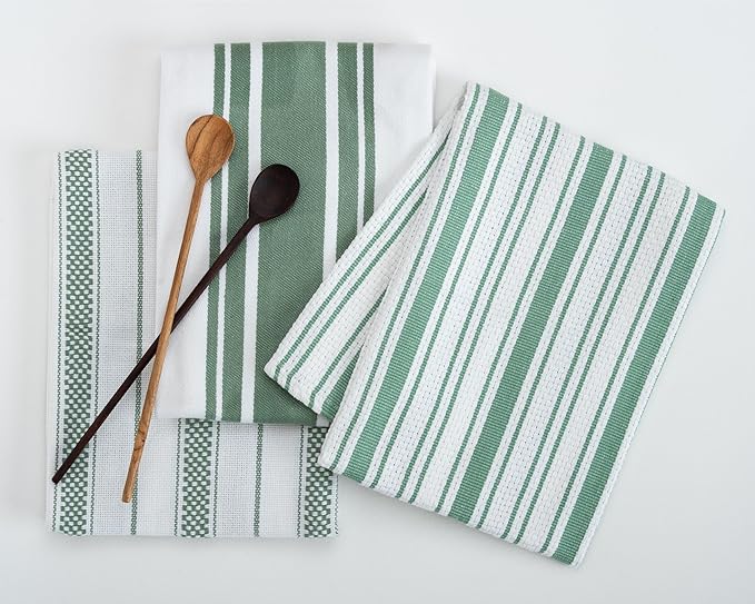 Kitchen Towels Set – Pack of 3 (20’’ x 30’’) Extra Large Premium Cotton Dish Towels for Kitchen – Absorbent – 100% Cotton – with Hanging Loop – Green Multi Design Striped