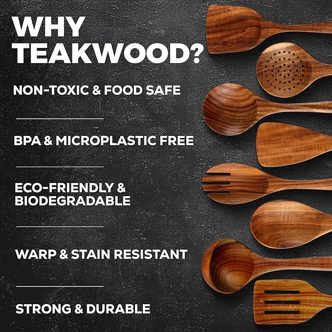 Zulay Kitchen Premium 8-Piece Wooden Spoons - Smooth Finish, Natural Teak Wood, Non-Stick, Handmade