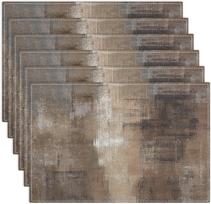 Emvency Farmhouse Placemats Set of 6,12x18 Inch Linen Rectangular Place Abstract Rustic Neutral Modern Brown Table Mats for Indoors & Outdoor Home Party Kitchen Dining Decoration