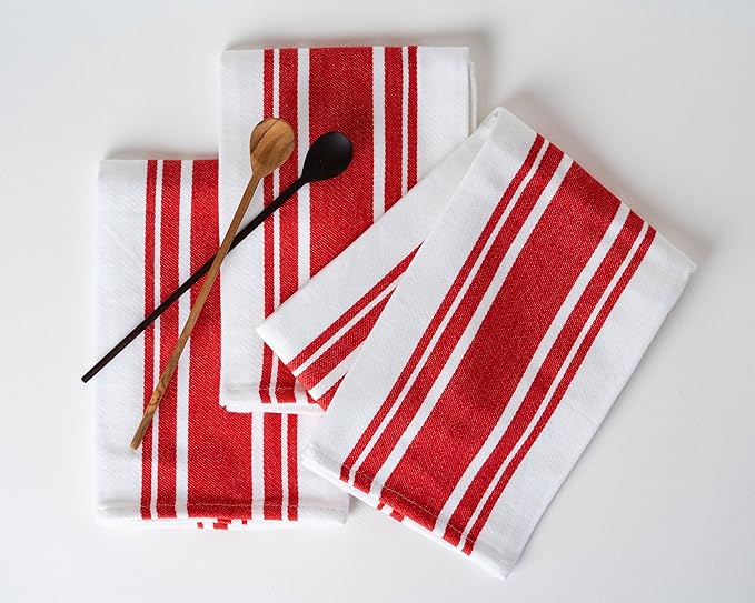 Kitchen Towels Set – Pack of 6 (20’’ x 30’’) Extra Large Premium Cotton Dish Towels for Kitchen – Absorbent – 100% Cotton – with Hanging Loop – Red Multi Design Striped