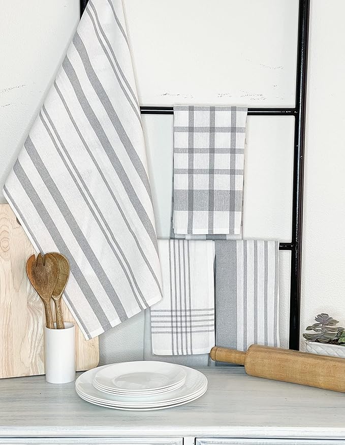 Chardin home Recycled Cotton Assorted Woven Kitchen Towels Set, Grey-White | 18x28 Inch Kitchen/Dish Cloths Set of 4 |Super Absorbent Reusable Hand and countertop Towels, Ultra Soft Tea Towels