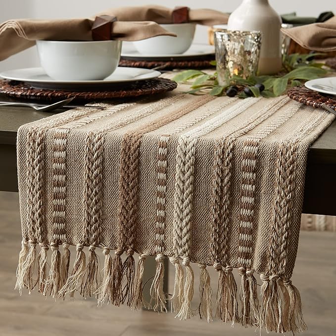 DII Farmhouse Braided Stripe Table Runner Collection, 15x108 (15x113, Fringe Included), Stone