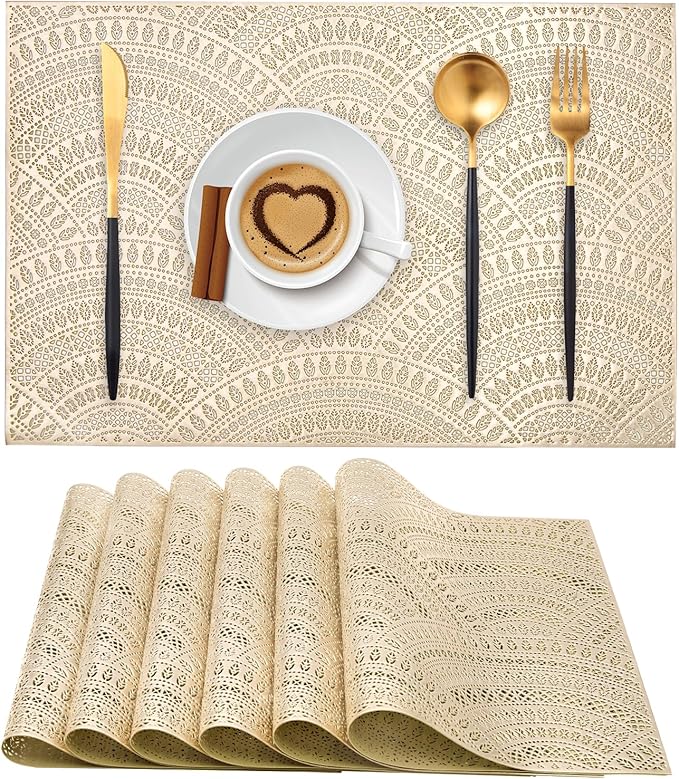 Gold Rectangle Placemats Set of 6, Vinyl Place Mats Hollow-Out Curved Pattern Waterproof Oil-Proof Wipeable Table Mats for Kitchen and Dining Centerpiece Table Decorations