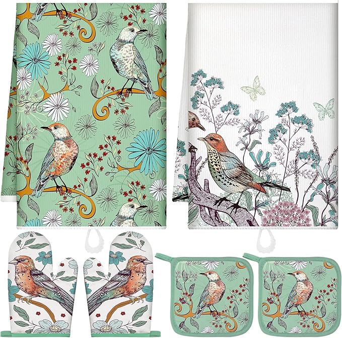 Leinuosen 6 Bird Flower Kitchen Towels Kitchen Decor and Accessories Set Floral Plant Oven Mitts and Pot Holders Sets Farmhouse Absorbent Dish Towels for Cooking Baking Grilling