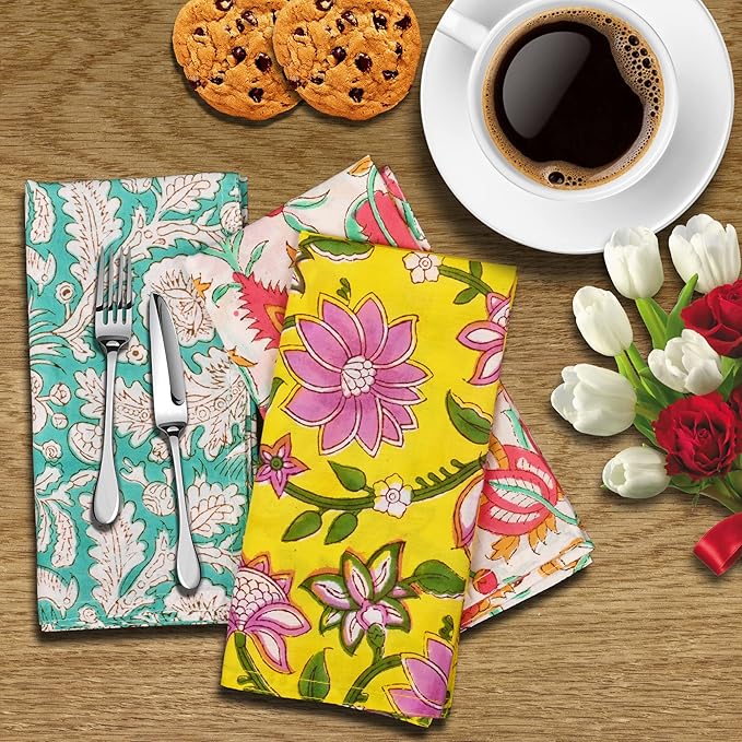 DIYANAIMPEX 10 Pc Cotton Cloth Napkins Hand Block Print Hand Made Size 16x16 Inch Printed Home Decor Indian Eco Friendly Mix Lot Dinner Napkins (Multicoloured)