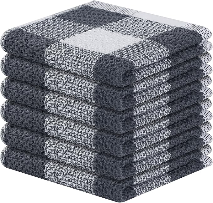 Mordimy 100% Cotton Waffle Weave Plaid Dish Cloths, 12 x 12 Inches, Super Soft and Absorbent Quick Drying Buffalo Check Dish Rags for Kitchen, 6-Pack, White & Dark Grey