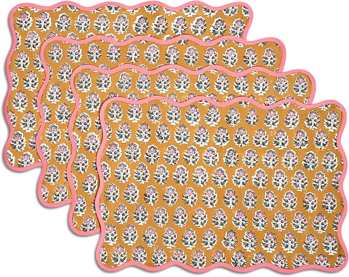 CPC Cotton Placemats Citrine Yellow Set of 4-Hand Block Printed Reversible Placemats, Flower Scalloped & Embroidered Cloth Table Mats - 14 x 20 inch Gift for Spring, Mother's Day