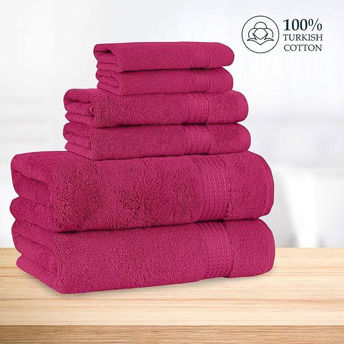 Mocassi Luxury 100% Turkish Cotton 6-Piece Towel Set - Ultra Soft, Quick Dry Highly Absorbent Premium Spa Hotel Quality Bath Towels, Includes 2 Bath Towels, 2 Hand Towels and 2 Washcloths, Hot Pink