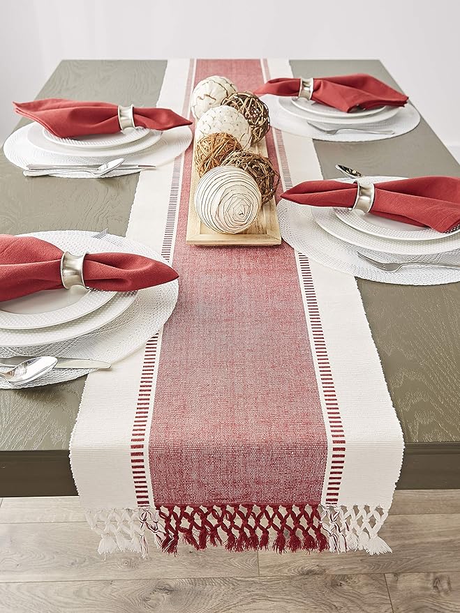 DII Dobby Stripe Woven Table Runner, 13x72 (13x77.5, Fringe Included), Barn Red