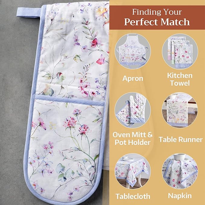 Maison d' Hermine Double Oven Mitts 100% Cotton 7"x35" Double Oven Mitt Heat Resistant BBQ Cooking Gloves with Loop Baking Grilling Gifts for Mothers Day Spring Summer (Summer Floral)