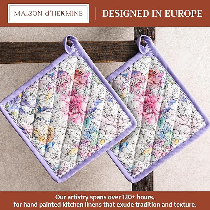 Maison d' Hermine Pot Holders 100% Cotton Heat Resistant Potholders 8" x 8" Hot Pads with Loop BBQ Cooking Baking Gifts for Mothers Day Handling Hot Pans Spring/Summer (Pack of 2, Floral Love)