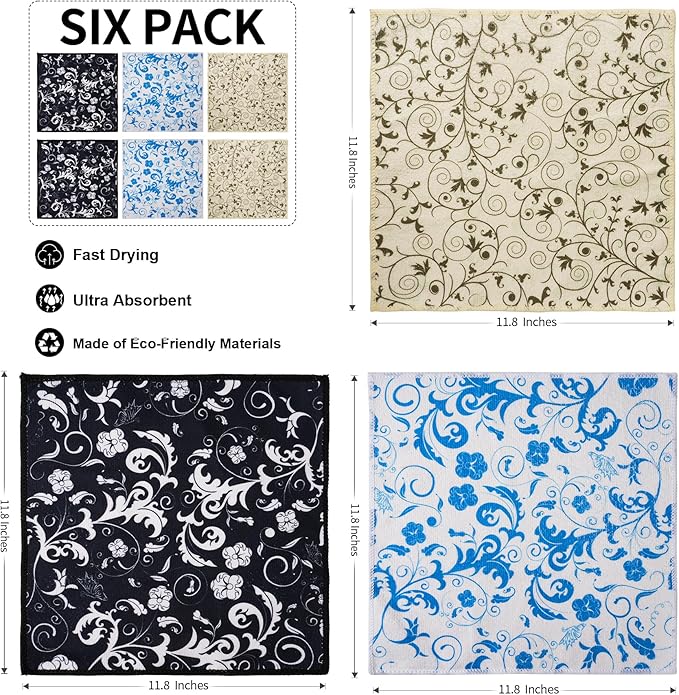 Microfiber Kitchen Towels 11.8" X 11.8" (6 Pack) Quick Dry Dish Towel with Hanging Loop, Ultra Absorbent Reusable Cleaning Dishcloths, Sustainable Decorative Hand Towels Housewarming Gifts