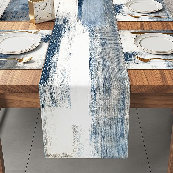 White and Gray Table Runner and Placemats Set of 6 Farmhouse Washable Linen Place Mats Rustic Abstract Art Table Decor for Kitchen Dining Coffee Outdoor Party (White and Gray, 13"x71"+12"x18")