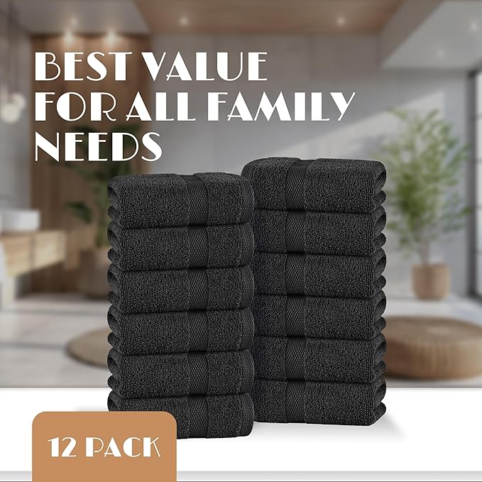 White Classic Black Washcloths Set for Body and Face Towel, Cotton Wash Cloths Bulk 12 Pack, Spa Fingertip Wash Clothes 12x12 Inch, Soft Absorbent Gym Towels