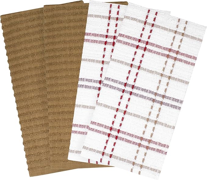 Ritz Royale Collection 100% Combed Terry Cotton, Highly Absorbent, Kitchen Towel Set, 13-3/4" x 12", 4-Pack, Solid & Checked, Mocha