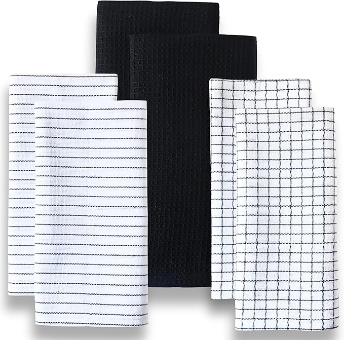 Highly Absorbent Cotton Kitchen Towels for Drying Dishes - Set of 6 Dish Towels - Narrow Black Stripes Plaid Waffle Dishtowels - 18"X28" Large Lint Free Linen Tea Hand Bulk T Towls