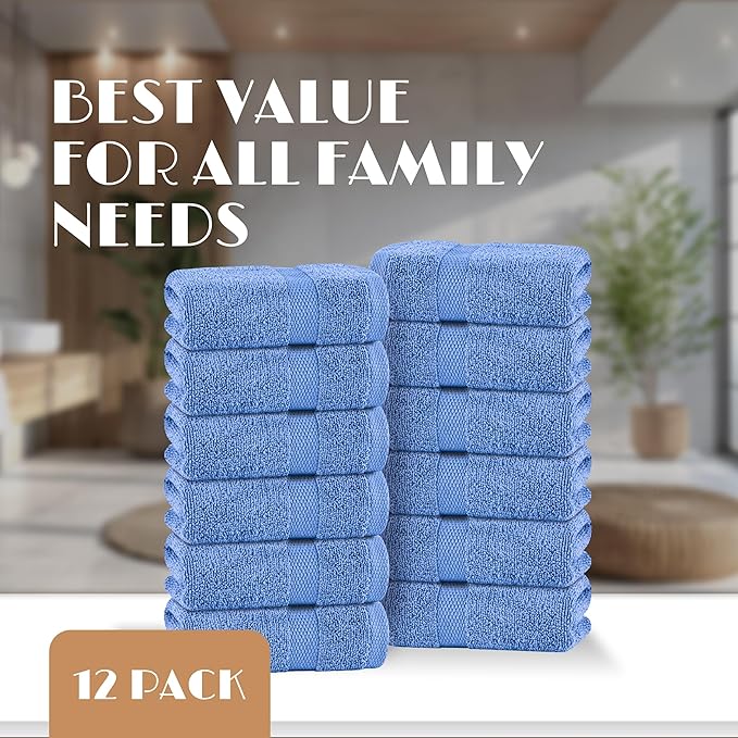 White Classic Light Blue Washcloths Set for Body and Face Towel, Cotton Wash Cloths Bulk 12 Pack, Spa Fingertip Wash Clothes 12x12 Inch, Soft Absorbent Gym Towels