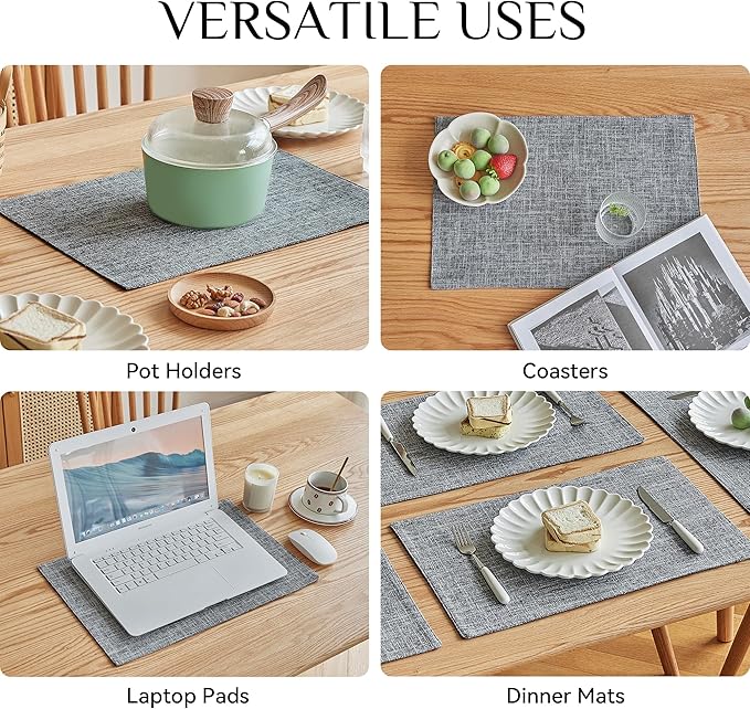 Softalker Faux Linen Placemats Set of 8-12 x 18 Inch, Heat Resistant Double Layered Durable Burlap Farmhouse Place Mats, Non-Slip Washable Rustic Table Mats for Dining, Kitchen, Party（Light Grey