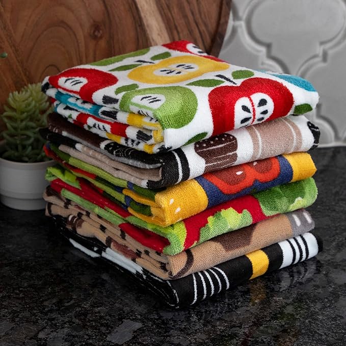 T-Fal Fiber Reactive Print Kitchen Towels: Highly Absorbent, Super Soft - 100% Cotton, 16"x28" Dish Towels for Cleaning & Drying Dishes, Pans, Glassware, or Countertops, 2-Pack, Utensiles