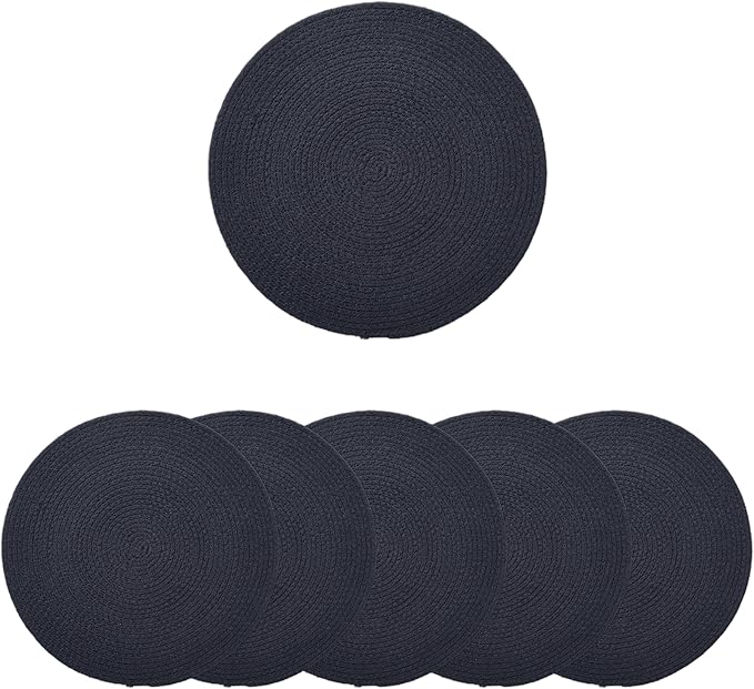 Encasa XO Dining Placemats Set of 6 | Cotton Round Table Mat - 13 in Diameter | Dark Blue | Handmade Rib Style Chargers for Dinner Plates