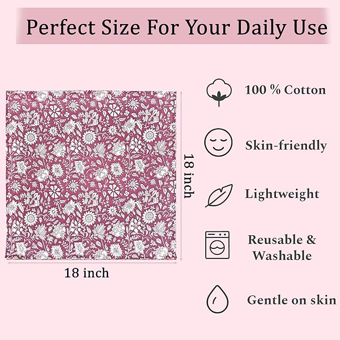 Ridhi Mauve Vine Garden Hand Block Print 100% Cotton Napkins 18" x 18" (Set of 4) Reuseable Kitchen Napkins Cloth Decor Dinner Party Wedding Cocktail Gift for Spring, Easter, Valentine