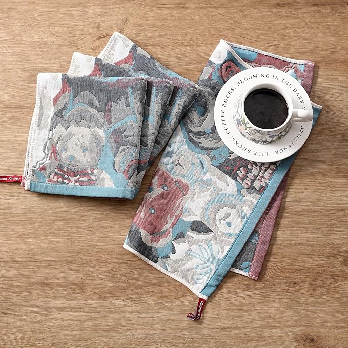 Cotton Washcloths,Dish Towels for Kitchen, 4 Pack Cotton Kitchen Towels with Cute Bear Design, Multi-Purpose Dish Cloths for Washing Dishes, Hand Towels for Kitchen Decor