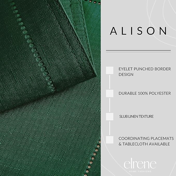 Elrene Home Fashions Alison Eyelet Border Design Cloth Wrinkle Resistant Fabric Dinner Napkin, Set of 4, 17"x17", Forest