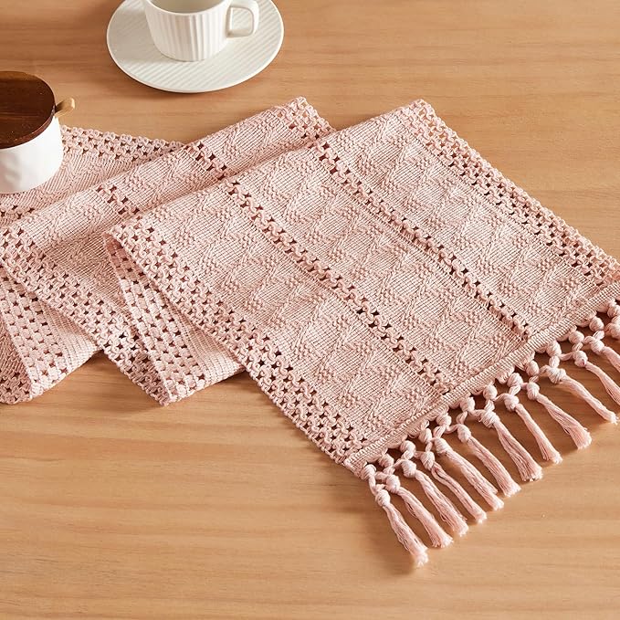 ZeeMart Macrame Style Boho Table Runner, Pink Table Runners 48 Inches Long, Farmhouse Woven Home Decor, 12x48 Inch, Light Pink