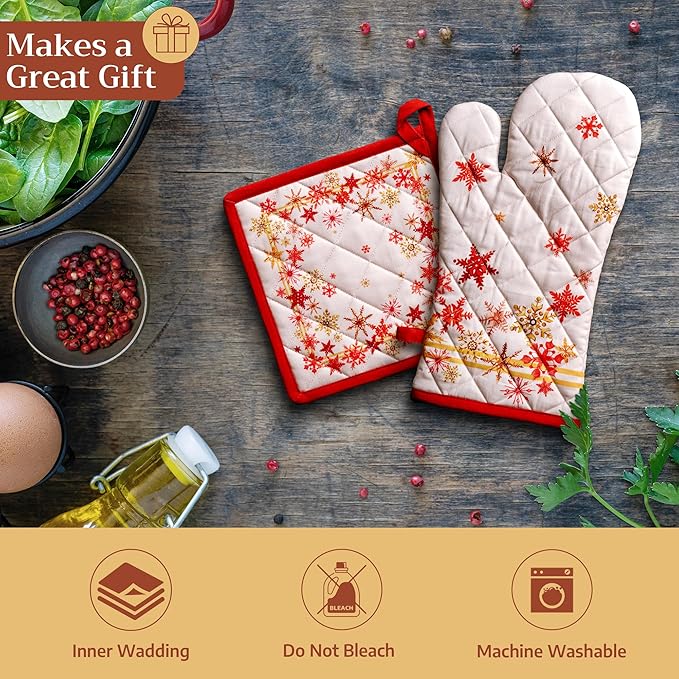 Maison d' Hermine 100% Cotton Oven Mitt & Pot Holder Set (7.5"x13" & 8"x8") Heat Resistant BBQ Cooking Gloves with Loop for Thanksgiving Christmas Decorations Handling Hot Pans (Crystal Star)