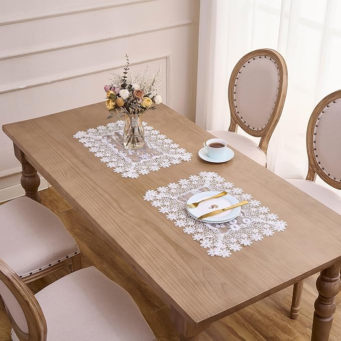 White Floral Grey Silver Leaves Lace Placemats 14”x20” Set of 2, Table Topper Dresser Scarf Place Mats (Set of 2, White & Grey)