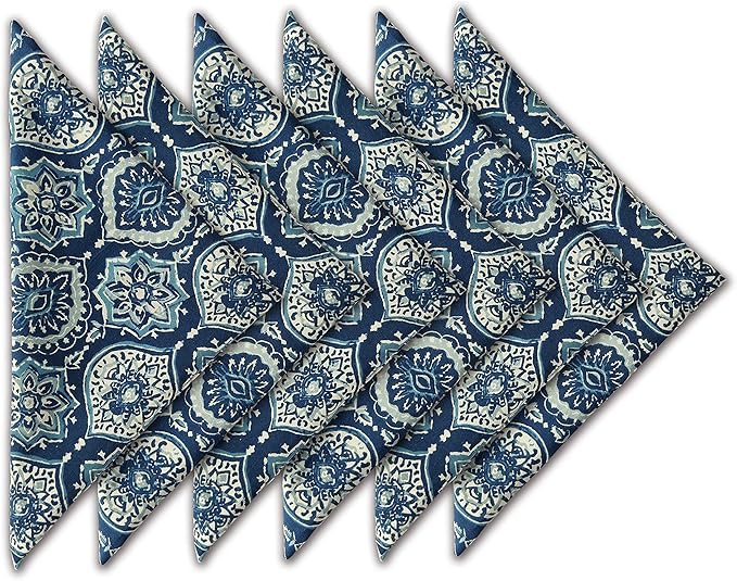 Thin Washable Cotton Napkin 18x18 inches - Lightweight Cloth Dinner Napkins Set of 6 - Everyday Use or Dinner Party and Events - Blue and Green Floral Indian Block Print Soft Fabric by Craftbot