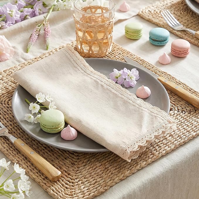 Flax Lace Cloth Dinner Napkins Set of 12 Natural - 20x20 Inches, Spring Basket Décor Premium Cotton Linen Dinning Table Napkin for Easter, Wedding, Birthday | Soft Banquet Event Napkin for Washable