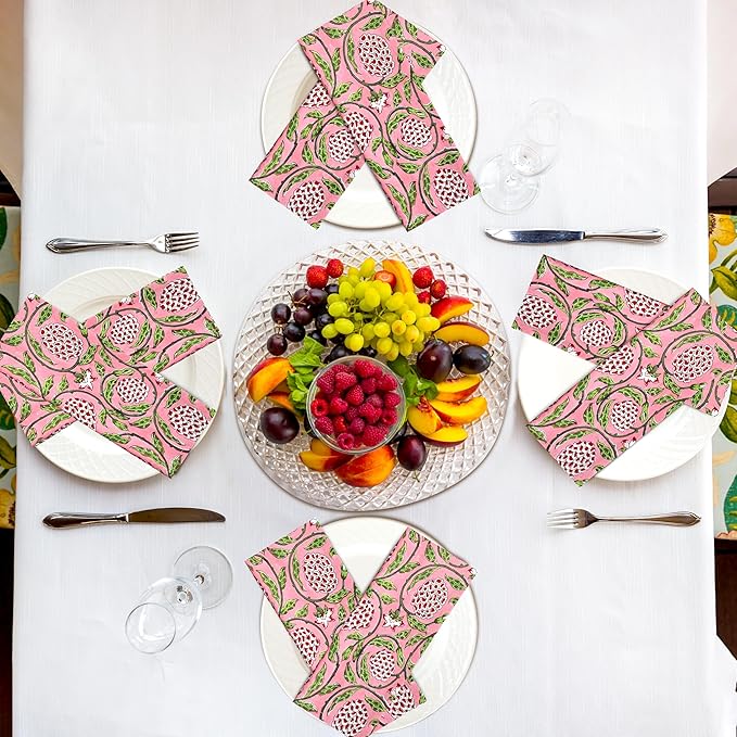 Ridhi Strawberry Pink Hand Block Print 100% Cotton Napkins 18" x 18" (Set of 4) Reuseable Kitchen Napkins Cloth Decor Dinner Party Wedding Cocktail Gift for Spring, Easter, Valentine