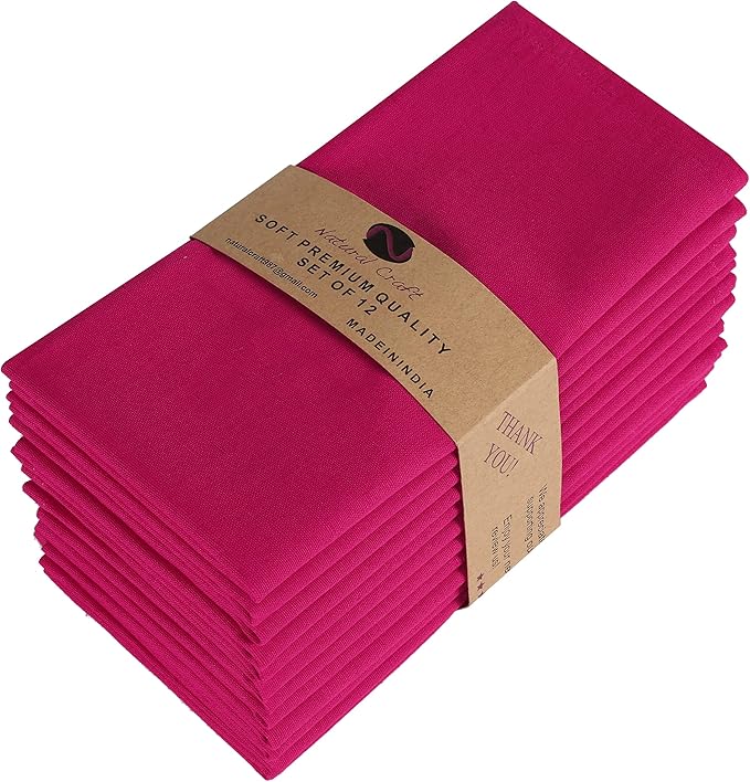 NATURALCRAFT Cloth Napkins Set of 12 Cotton Linen18x18 inch Washable Easter Napkins Cloth - Soft Durable Reusable - Ideal for Hotel Hotel Farmhouse Party Wedding Everyday Use Kitchen Fuchsia Pink