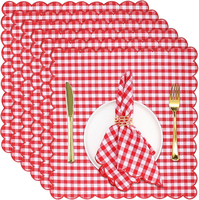 SmoothNovelty 12 Pack Buffalo Plaid Cloth Napkins 18x18 Inch Spring Checkered Cloth Napkins Scalloped Soft Cotton Table Mat Washable Reusable for Dinner Wedding Birthday Parties (Classic,Red)