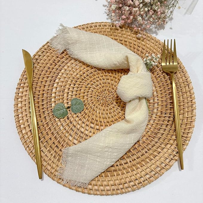 24Pack Ivory Cloth Napkins 17x17Inch Ivory Napkins Cloth with Fringe Soft Cotton Cloth Napkins Washable Rustic Dinner Napkins Cloth for Wedding Party Dinner Table