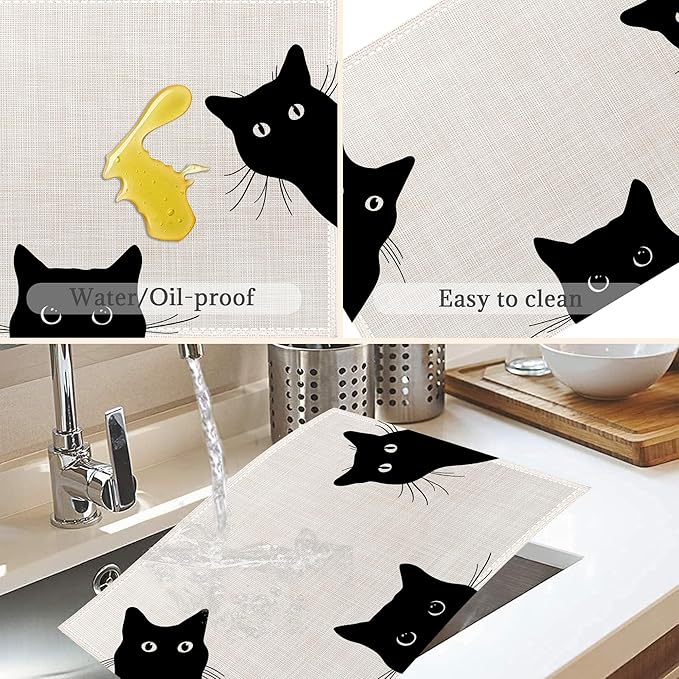 Black Cat Placemats Set of 6,Washable Heat Resistant 12×18 Inch Linen Table Mats Cute Place Mats for Party Outdoor Dining Décor