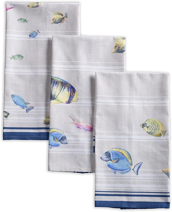 Maison d' Hermine Kitchen Towels Set of 3 100% Cotton 27.50" x 20" Reusable Cloth Tea Dish Towels Absorbent with Hanging Loop for Kitchen Gifts for Mothers Day Spring/Summer (Poisson)
