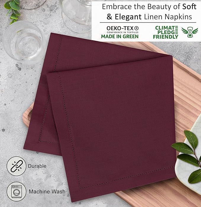 Ruvanti Premium Linen Napkins Set of 6-20x20 Inch, Classic Hemstitch, Mitered Corner Cloth Napkins ‎‎- Soft, Elegant Dinner Napkins Cloth Washable for Weddings, Parties, Everyday Use - Burgundy